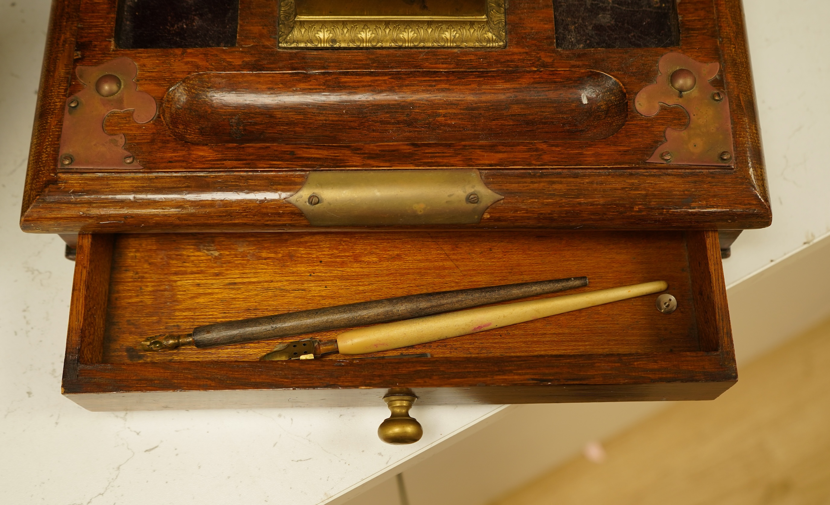 A 19th century Colonial marquetry work box, with key and an oak desk stand, 32cm wide